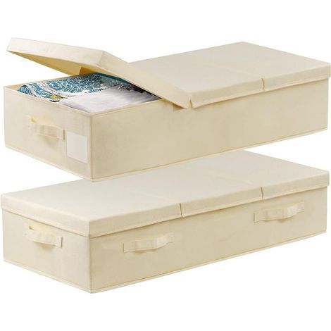 Set mit 2 Aufbewahrungsboxen für unter das Bett – Beige, 81 x 41 x 15 cm. Flache Aufbewahrungsbox mit Deckel und Griff, faltbarer Stoff, ideal zur Aufbewahrung von Kleidung, Decken und Bettdecken. (1/5)