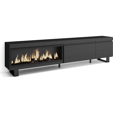 Skraut Home - Mueble TV, Televisión, Muebles de salón, almacenaje, 237x57x35 cm, Para TV gran formato, Chimenea eléctrica XXL, Diseño industrial, Estilo Moderno, Negro (1/5)