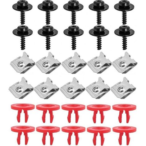 30 clips et vis en forme de U pour carrosserie automobile, écrous et boulons métalliques pour clips de fixation automobile, clip de fixation métallique en forme de U avec vis autotaraudeuses à tête he