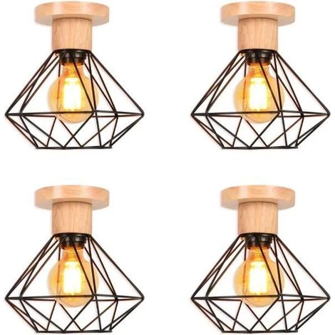 U-Do 4Pcs Plafonnier Industriel en Fer Bois design Vintage Lampe de Plafonde Luminaire Brillant E27 40W pour Cuisine Bureau Salon (1/4)