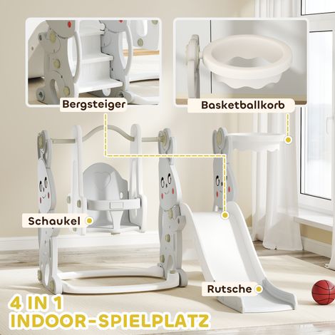 Ensemble de jeux 4-en-1 pour bébés : toboggan, balançoire, structure d'escalade, panier de basket en plastique, motif lapin, gris.