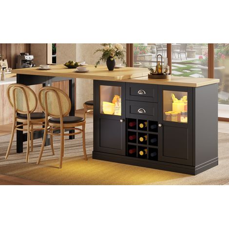 Table extensible avec éclairage LED 3 couleurs, 120-197cm, rotation 360°, rangement intégré et porte-bouteilles, blanc/noir, charge max 60kg (1/5)