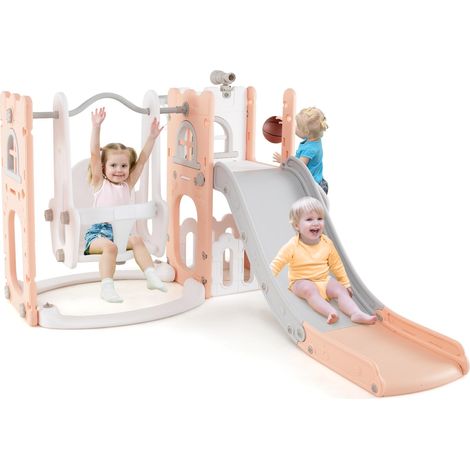 COSTWAY 7 in 1 Parco Giochi per Bambini, Set di Scivolo e Altalena per Bambini con Canestro da Basket e Telescopio, 142 x 165 x 92 cm, 1-3 Anni (Rosa) (1/5)