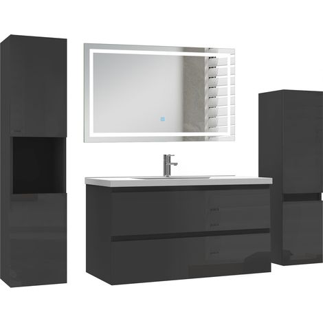 Ocean Ensemble de Meuble de salle de Bain 99cm Noir Haut Brillant avec Miroir LED, colonne 110 cm + colonne 131.5cm