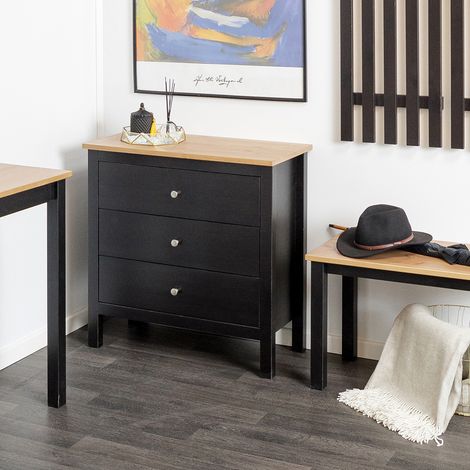 Settimino in legno Massello 3 Cassetti verniciato Nero con ripiano Naturale - Dimensioni 75 x 37 x 75 h. cm (1/4)