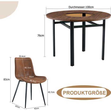 Conjunto de mesa redonda 100 cm con 4 sillas tapizadas marrón y tablero de cristal (1/5)