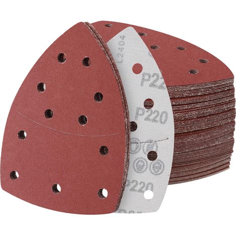 60 pièces Abrasif pour Ponceuse 152 x 105 mm Feuille abrasive triangulaire, 11 trous avec crochets et boucles Grain 220 à Abrasif pour Ponceuse électrique Bois Métal Plastique (1/5)