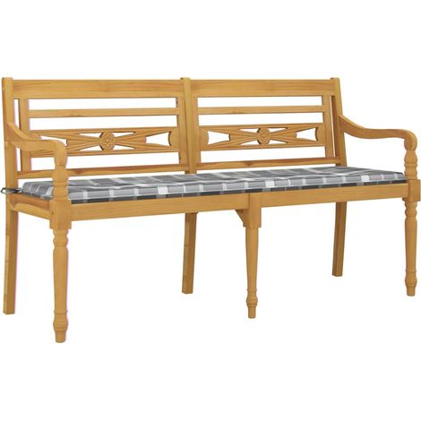 Batavia Bench with Grey Check Pattern Cushion 150 cm Solid Wood Teak vidaXL (1/4)