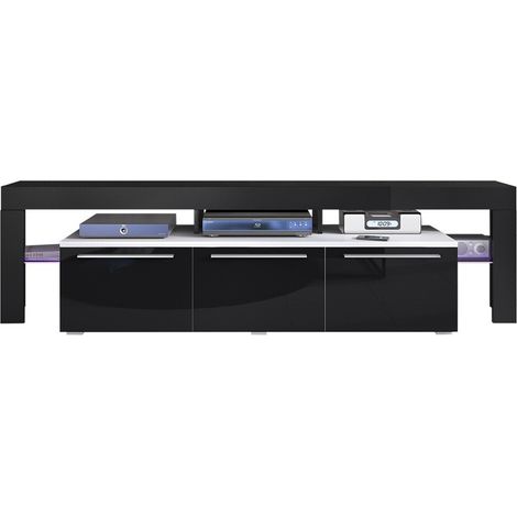Mueble TV Arbor, Blanco + Negro brillante, Número de puertas: 3, Número de cajones: 0, 200x55x45cm, LED