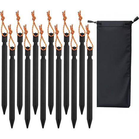 Lot de 12 piquets de tente, piquets métalliques de 18 cm, piquets de sol pour tentes, piquets de tente en aluminium pour surfaces dures, piquets de tente noirs (1/5)