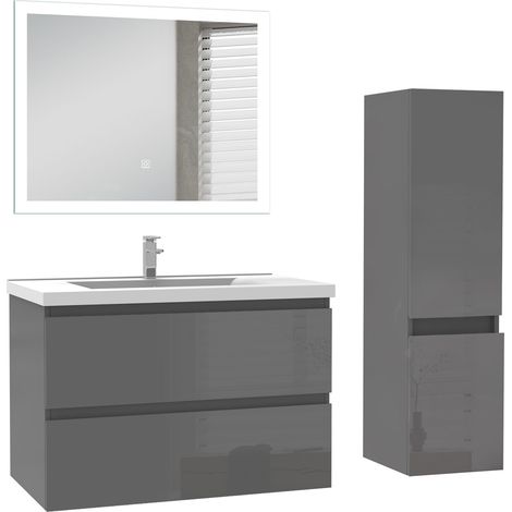 Ocean Ensemble de Meuble salle de bain 79cm anthracite Haut Brillant, miroir led + colonne 110cm