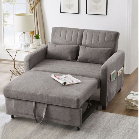Canapé convertible 2 places en tissu coton-lin gris, dossier 3 positions, couchage 166x95 cm (1/5)