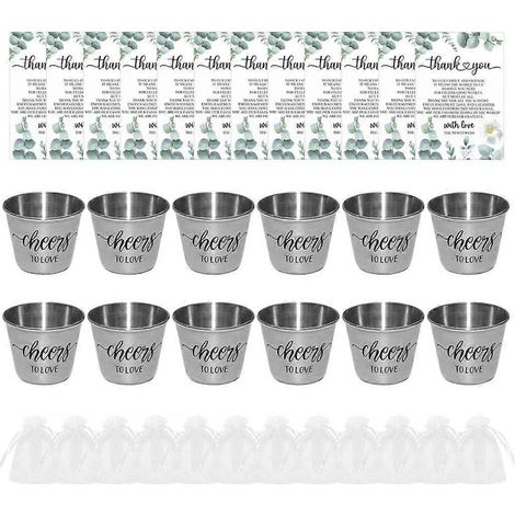 Lot de 12 cadeaux de mariage avec sachets transparents et cartes, gobelets en acier inoxydable