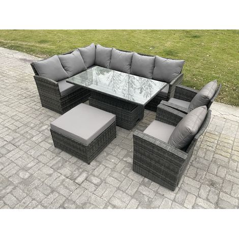 Fimous Outdoor Garden Furniture Set Wicker PE Rattan Height Adjustable Rising Lifting Table Sofa Dining Set with Big Footstool 2 Armchairs Dark Grey Mixed