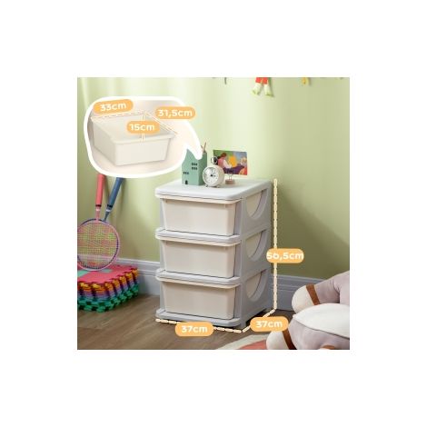 Meuble de rangement enfant blanc crème en plastique avec 3 grands tiroirs et bords arrondis pour chambre, salle de jeux et crèche (1/5)