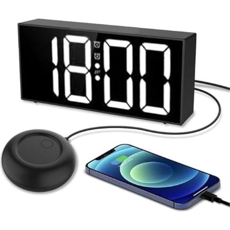 Réveil Fort avec Shaker de Lit, Réveil Vibrant pour Dormeurs Lourds, Malentendants, Sourds, Adolescents, Double Alarme avec Grand écran LED de 7,4 Pouces, Snooze (1/5)