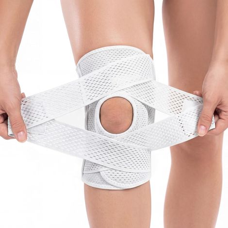 Genouillère avec stabilisateurs latéraux M, pour la douleur au genou déchirure du ménisque ACL MCL Récupération des blessures arthritiques Genouillère réglable pour hommes et femme(Blanc)