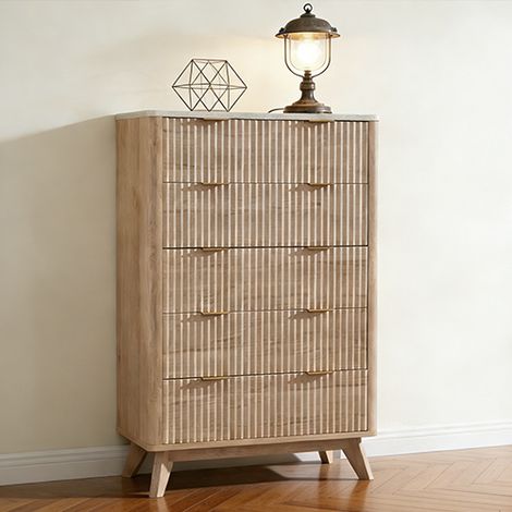 Commode chambre 5 Tiroirs Style Fluté 48" Haute, Commode bois avec Plateau Faux Marbre & Profil Courbé, Organisateur de Rangement pour Chambre, Salon, Couloir & Entrée - Panneau de Particules Chêne Na (1/5)