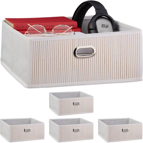 5 Cestos Almacenaje Bambú, Cestitas Cuadradas Tela Baño, Cajas Bajas Estante, 14 x 31 x 31 cm, Asa, Plegables, Blanco (1/5)