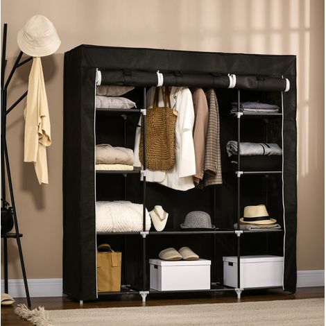 Armario de tela 150x43x162.5 cm negro de acero con barra para colgar, 10 estantes y cierre con cremallera (1/5)