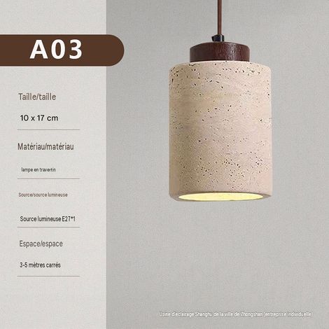 Lampe suspendue cylindrique en travertin 10×17 cm, style wabi‑sabi vintage, 3 teintes de lumière réglables E27