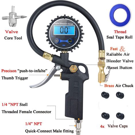 Pistolet de gonflage de pneus haute précision pour voiture, avec manomètre électronique à affichage LCD rétroéclairé par LED