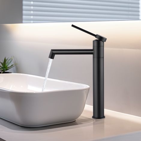Oraymin – Mitigeur Lavabo Haut Noir Mat - Mitigeur Vasque à poser en Acier Inoxydable 304 - Bec Pivotant 360° - Eau Chaude & Froide (1/5)