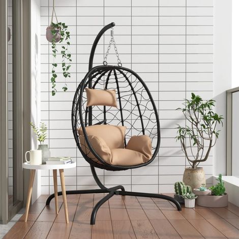 Vidaxl – Balancelle de jardin en polyrotin et acier taupe – Coussin épais amovible – Dimensions 106x103x195cm – Charge maximale 150kg (1/6)