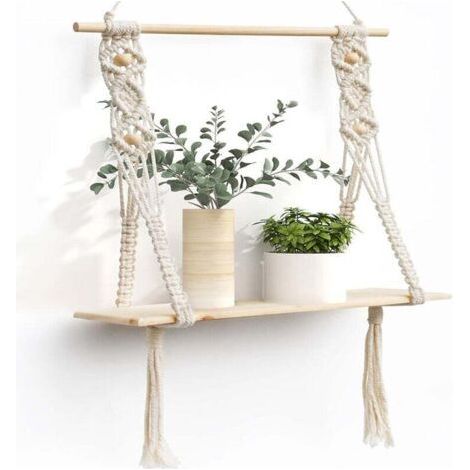 Wooden Wall Shelf with Floating Rope for Plants Indoor Outdoor Decoration Storage (1/4)