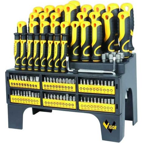 SET UTENSILI A MANO KIT CACCIAVITI + INSERTI 100 PEZZI VIGOR MANUTENZIONE 35975 (1/3)