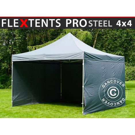 Tente pliante FleXtents PRO Steel 4x4m Gris, avec 4 cotés