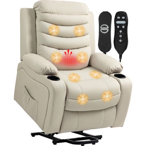 Fernsehsessel Relaxsessel Elektrisch mit Aufstehhilfe, Massage, Heizung, USB-Anschlüsse, PU, Creme