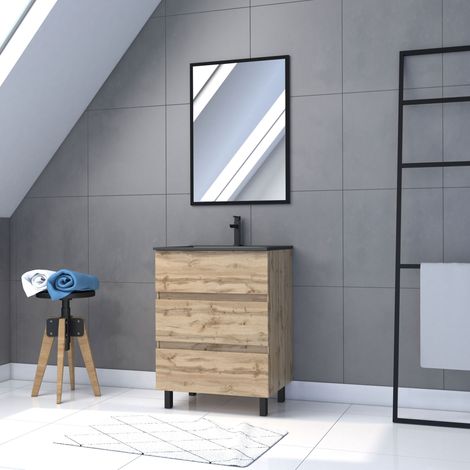 Pack Mueble de Baño 60cm con Patas 3 Cajones Roble + Lavabo Negro + Espejo (1/5)