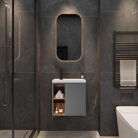 UEV Meuble Lave-Mains Mural, Meuble Lavabo Suspendu, Lavabo en Résine, Espace de Rangement Caché/Ouvert, Motif de Ligne, 51 x 30,5 x 54 cm, Gris Foncé