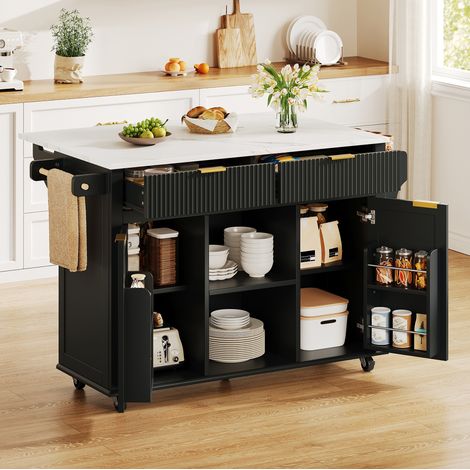 REDOM isla de cocina 143x45x89.5 cm, encimera abatible, 2 cajones y 2 puertas, MDF negro y natural (1/5)