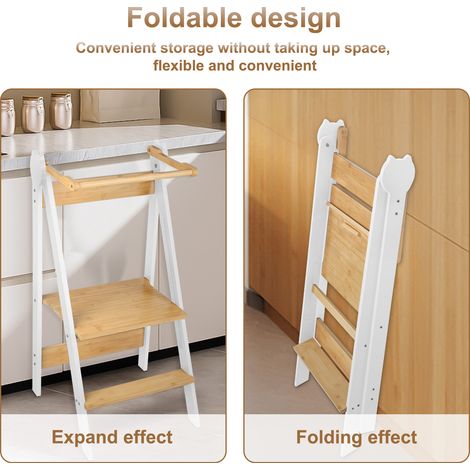 Sifree – Tour d'apprentissage pliable en bambou – 3 hauteurs réglables (28/38/48 cm) – Sécurisé et anti-dérapant – Pour cuisine et salle de bains