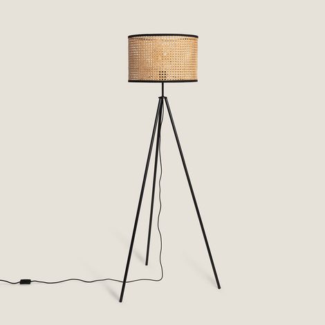 Ledkia – Lampadaire LED rotin et métal Huela 1450mm – Douille E27 – Base stable en métal noir – Pour salons et salles à manger
