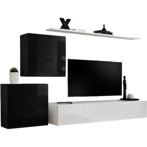 Wohnzimmerwand Set SWITCH V Design, glänzend weiß und schwarz. (1/2)