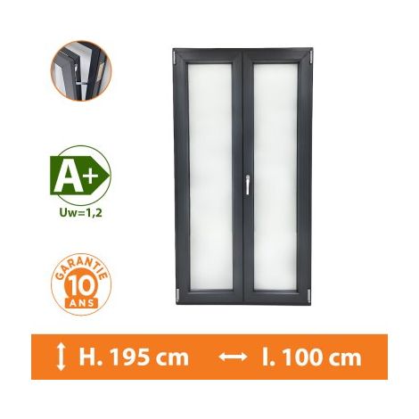Direct Fenêtres – Fenêtre PVC 2 vantaux gris H.195 x l.100 cm – Double vitrage 4/16/4 – Isolation A+ (Uw = 1,2) – Ouvrant oscillo-battant 5 points de sécurité (1/5)