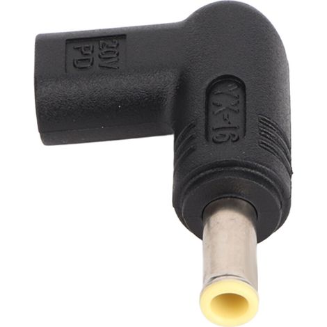 Ein Laptop-Ladeadapter mit USB-C-zu-DC-Adapter, der eine Ausgangsleistung von bis zu 100 W unterstützt, sich durch ein 90-Grad-Winkeldesign, geringes Gewicht und Tragbarkeit sowie einen integrierten P