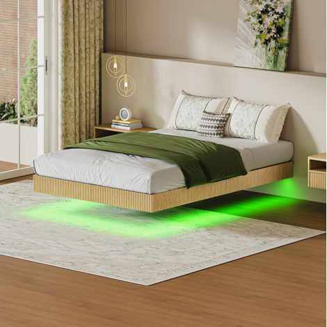 Cama de matrimonio (200x140x25 cm), diseño flotante, luz LED RGB, panel acanalado, metal y tablero aglomerado, natural (1/5)