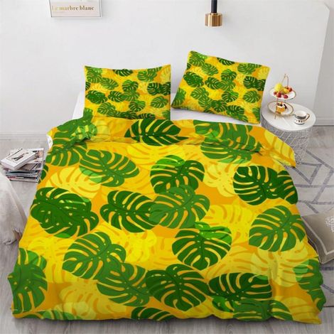 Bettwäsche-Set 200x200 cm mit 2 Kissenbezügen 80x80 cm, Mikrofaser, tropische Blätter, 3D-Motiv