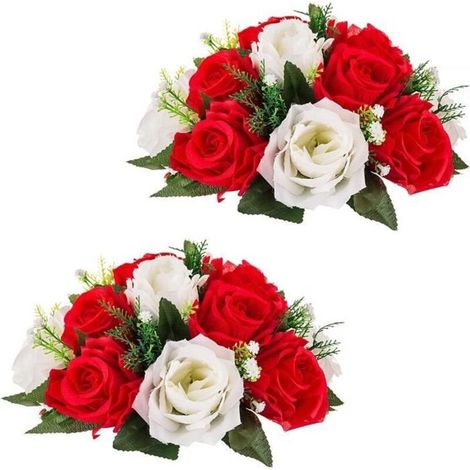 Bouquet de fleurs artificielles - 2 pièces - Soie rouge et blanche - Décoration élégante (1/4)