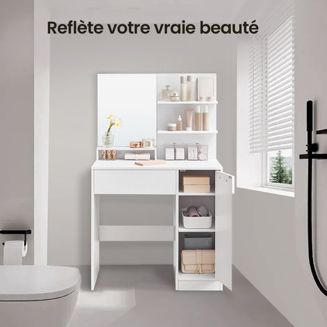 Vasagle – Coiffeuse enfant avec miroir – 80 x 40 x 132 cm – Panneau d’aggloméré blanc nuage – 1 tiroir et 2 étagères pour rangement
