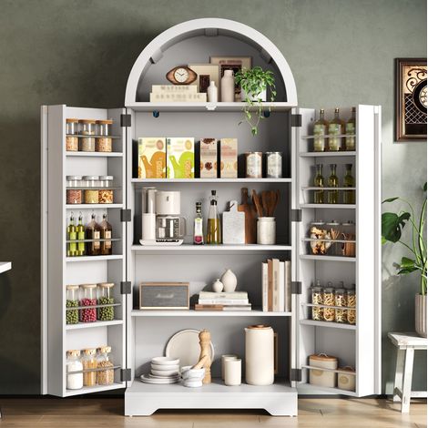 Aparador alto arqueado blanco 70 x 40 x 165 cm en MDF con almacenaje abierto y puertas X OKMYHOME (1/5)