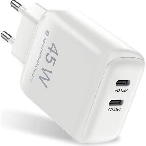 Cargador Dual USB-C PD de 45 W para portátiles y teléfonos inteligentes - Blanco