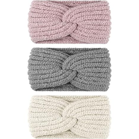 Lot de 3 bandeaux d'hiver en tricot torsadé pour femme et fille - Pour ski, course à pied, entraînement (1/5)