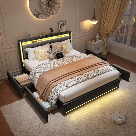 Lit 160 x 200cm, Lit 2 Places 160x200 cm avec 4 Tiroirs, Lit Capitonné avec Port USB et LED, Lit au Sol avec Tête de Lit et Cadre de Lit, Lin, Gris (1/5)