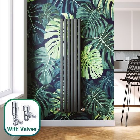 ELEGANT 1600 x 360 mm Anthracite Vertical Column Radiator Single Flat Panel Designer Bathroom Radiators + Chrome Thermostatic Radiator Valves (1/5)