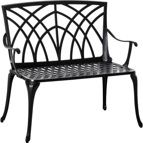 Outsunny 2-Seater Cast Aluminium Garden Bench Loveseat Outdoor Furniture Chair w/ Decorative Backrest & Ergonomic Armrest for Patio Terrace Porch